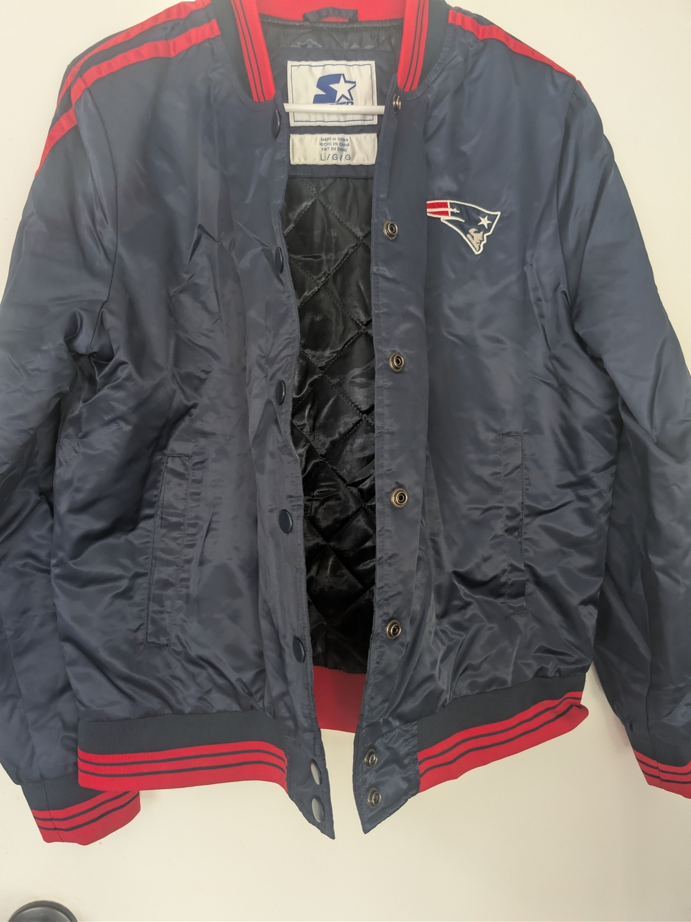 STARTER Navy and Red Satin Bomber Jacket with Team Patch